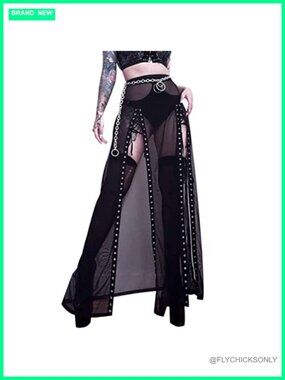 Double Slit Maxi Skirt Goth Punk See Through Sheer Mesh Long Split Skirt